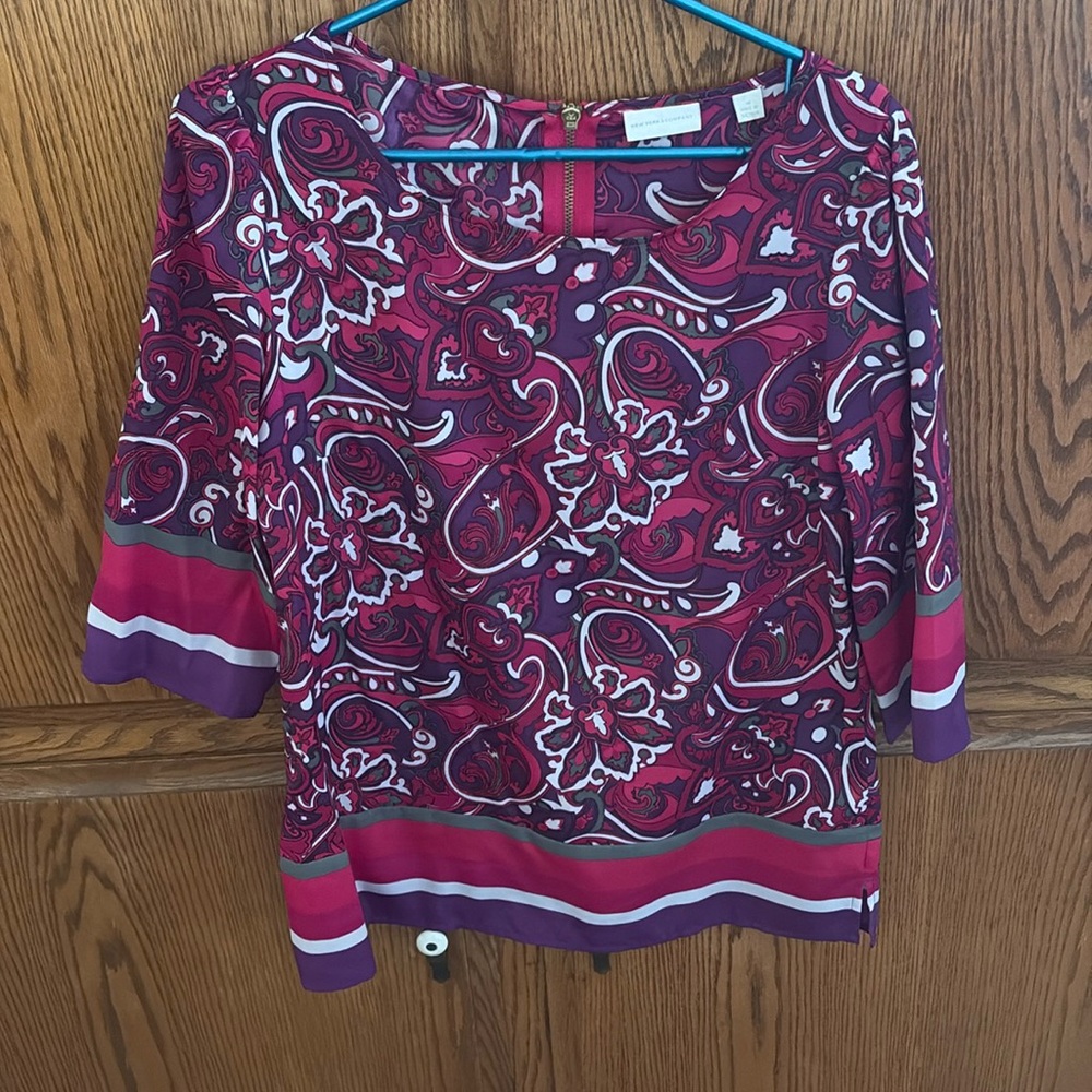 Pink, purple, white and gray paisley print tunic top